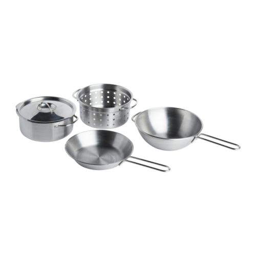 DUKTIG Töpfe und Pfanne 4er-Set  Kochutensilien in Miniformat zum Spielen; rostfreies, robustes Material mit abgerundeten Kanten. 