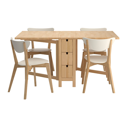 NORDEN/NORDMYRA Bord og 4 stole IKEA 6 praktiske skuffer under bordpladen til opbevaring af bestik, servietter, stearinlys osv.  Bord med klap. 