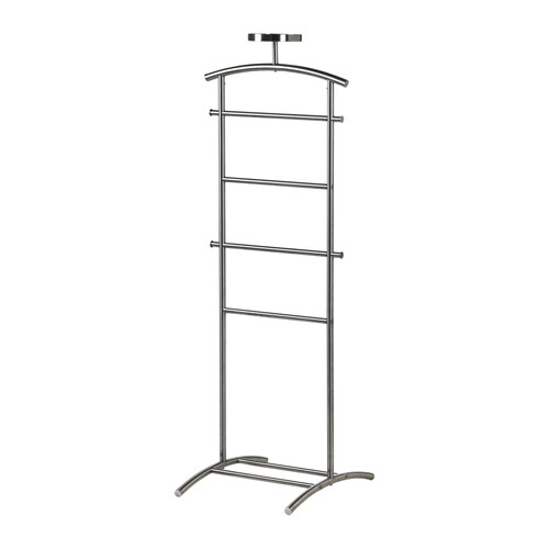 GRUNDTAL Vaateteline IKEA Sivuilla koukut vöitä, solmioita, huiveja ja laukkuja varten.   Päällä tarjotin kellolle, koruille ja muille pikkutavaroille. 