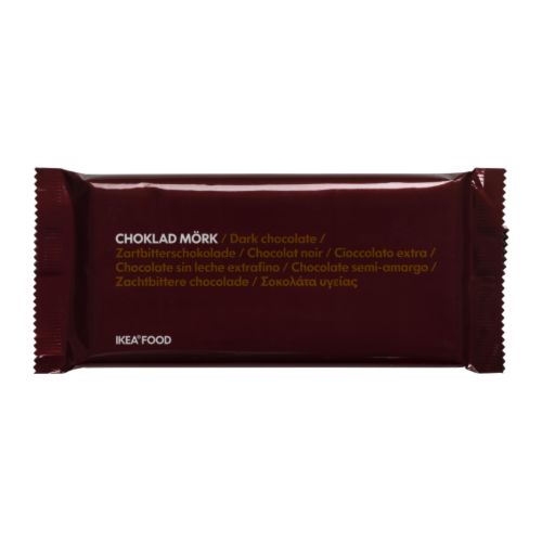 CHOKLAD MÖRK Chocolat noir IKEA Chocolat noir fondant, avec 60% de cacao.  Pour votre santé, évitez de grignoter entre les repas. 