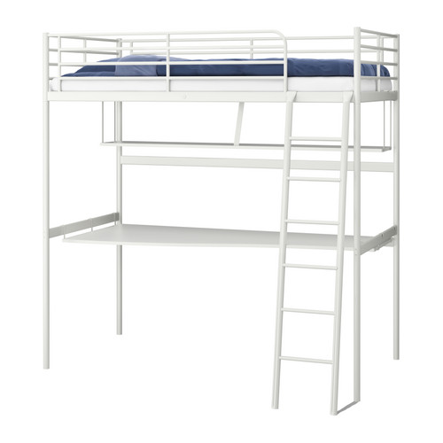 TROMSÖ Structure lit mezzanine+plateau IKEA L'échelle peut être montée côté droit ou côté gauche du lit.  Une solution gain de place. 