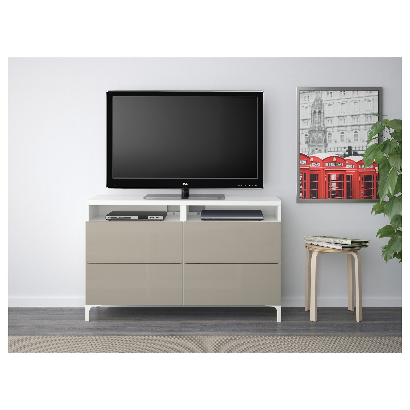 BESTÅ TV bench with drawers White/selsviken highgloss/beige 120x40x74