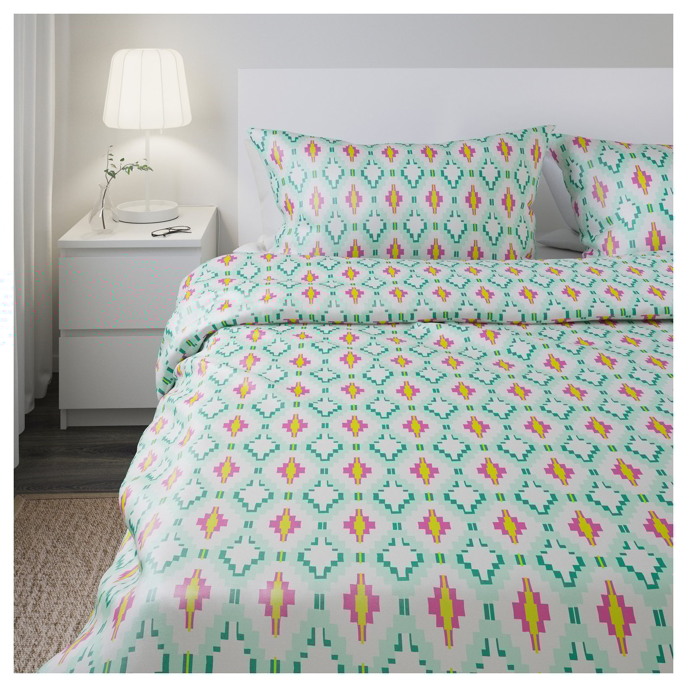 SOMMAR 2017 Quilt cover and 4 pillowcases White/turquoise 240x220/50x80