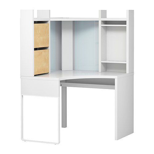 MICKE Corner workstation &nbsp; Top shelf with cable outlet; space efficient storage for a printer, etc. 