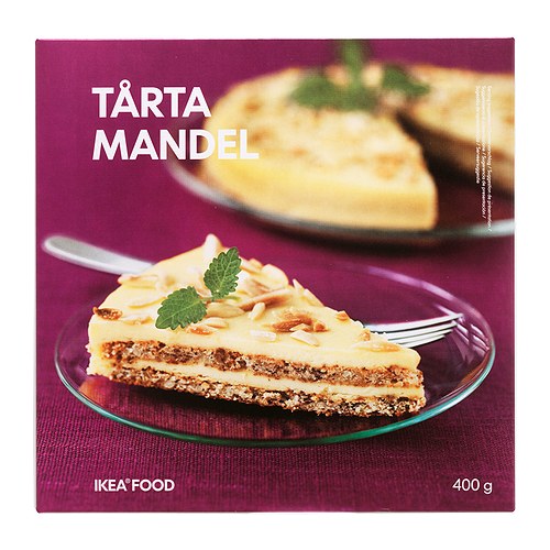 TÅRTA MANDEL Bolo de amêndoa, congelado IKEA Tarte de amêndoa coberta de creme de manteiga e decorada com amêndoa torrada. 