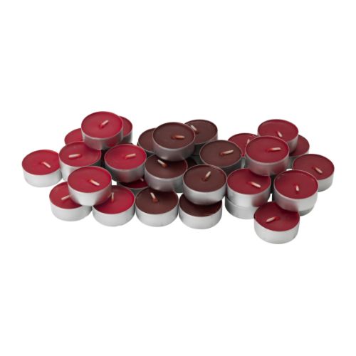 TINDRA Vela pequena perfumada, verm Diâmetro: 38 mm Duração: 3.5 h Quantidade por pacote: 36 unidades  