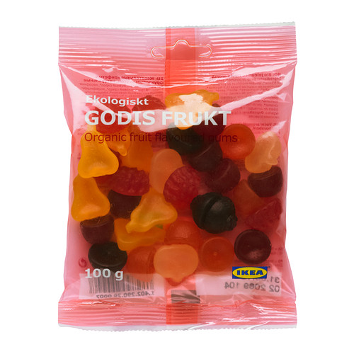 GODIS FRUKT Cukrík s ovocnou príchuťou IKEA Želé s príchuťou ovocia.   Organický výrobok. 