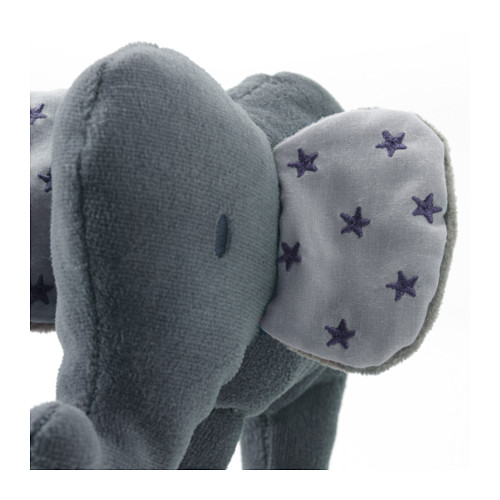 IKEA’s CHARMTROLL stuffed elephant squeeky toy, grey with white ears that feature embroidered blue stars.