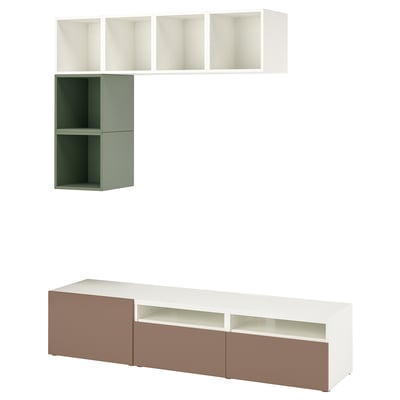BESTÅ / EKET تشكيلة خزانات لتلفزيون, أبيض/رمادي-أخضر, 180x42x170 سم