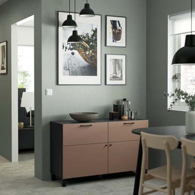 BESTÅ تشكيلة تخزين مع أبواب/ أدراج, أسود-بني/Lappviken/Stubbarp رمادي فاتح-بني, 120x42x74 سم