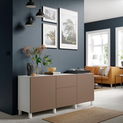 BESTÅ تشكيلة تخزين مع أدراج, أبيض Lappviken/Stubbarp/رمادي فاتح-بني, 180x42x74 سم