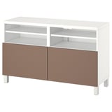BESTÅ طاولة تلفزيون مع أبواب, أبيض/Lappviken/Stubbarp رمادي فاتح-بني, ‎120x42x74 سم‏