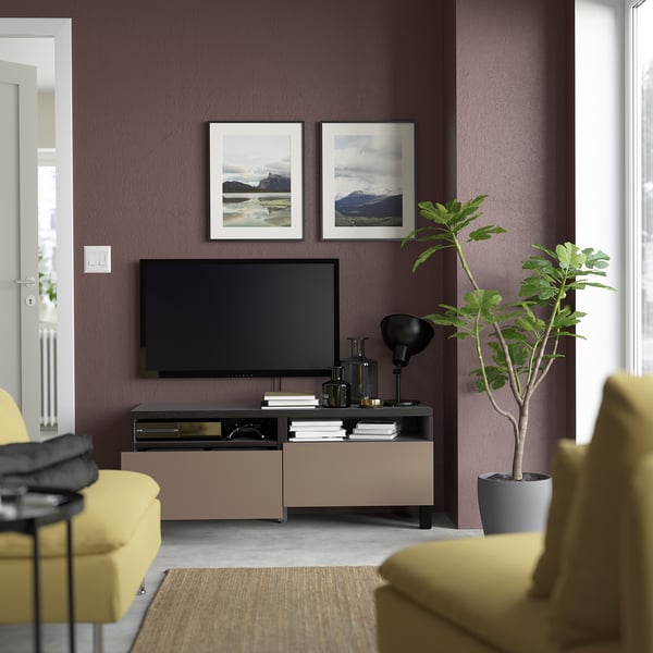 BESTÅ طاولة تلفزيون مع أدراج, أسود-بني/Lappviken/Stubbarp رمادي فاتح-بني, ‎120x42x48 سم‏