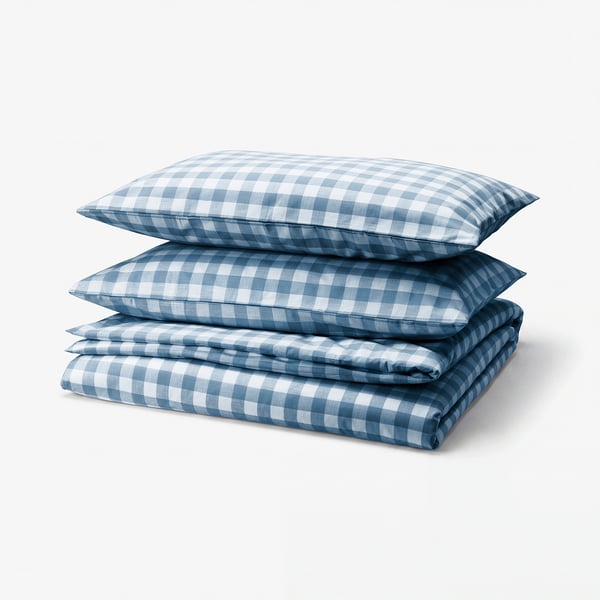 EKTANDVINGE غطاء لحاف و ٢ غطاء مخدة, أزرق غامق أبيض/مربّع, 240x220/50x80 سم