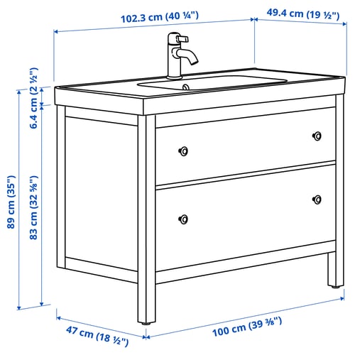 HEMNES / ORRSJÖN خزانة حوض بأدراج/حوض/خلاط, أبيض, 102x49x89 سم