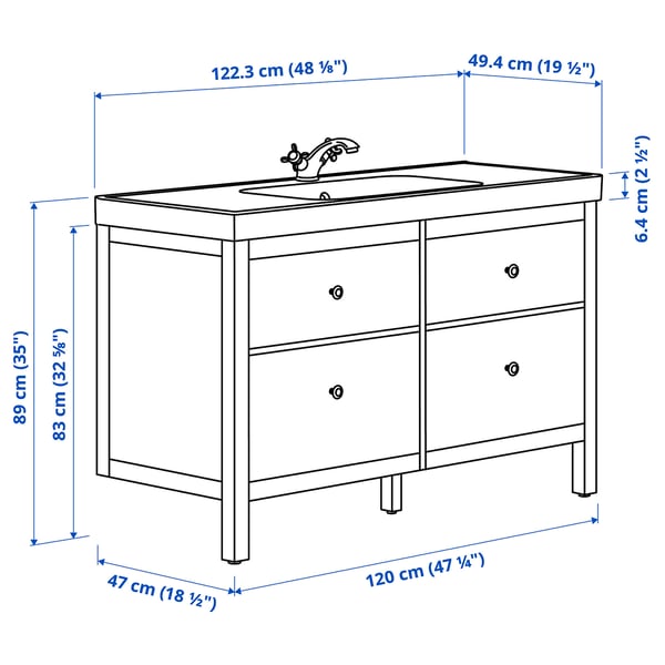 HEMNES / ORRSJÖN خزانة حوض بأدراج/حوض/خلاط, أبيض, ‎122x49x89 سم‏