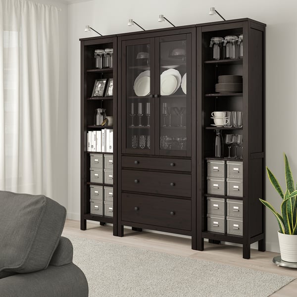 HEMNES تشكيلة تخزين مع أبواب/ أدراج, أسود-بني/زجاج شفاف, ‎188x197 سم‏