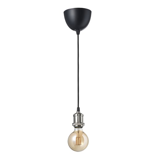 JÄLLBY / MOLNART مصباح معلق مع لمبة, نسيج طلاء - نيكل/كروي زجاج شفاف بني