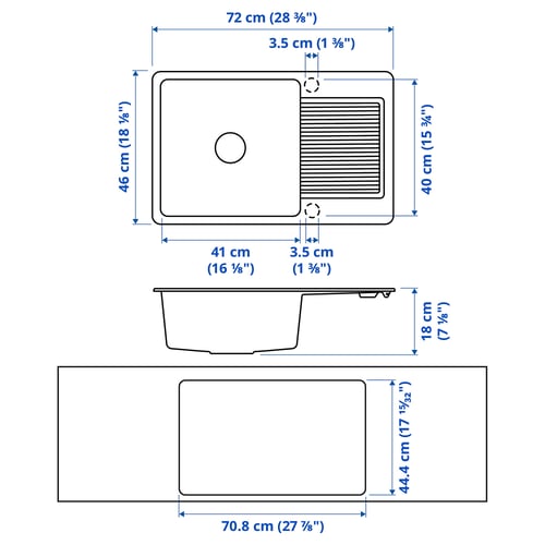 KILSVIKEN حوض واحد مدمج مع منصة تجفيف, أبيض مركّب كوارتز, 72x46 سم