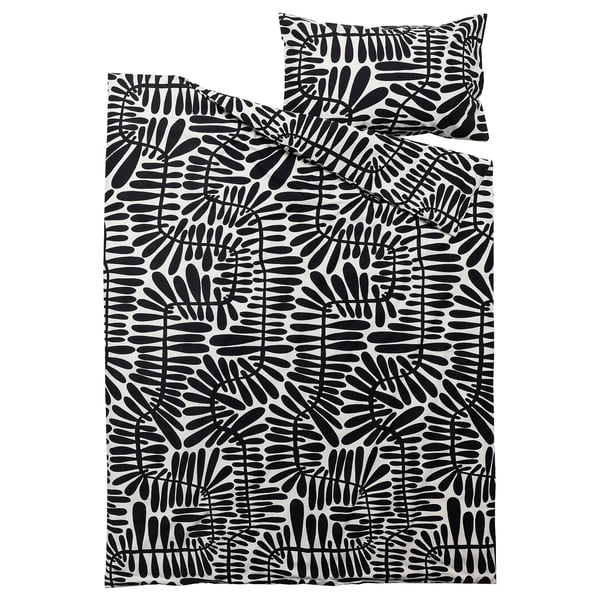 MAJSMOTT غطاء لحاف و غطاء مخدة, أبيض-عاجي/أسود, 150x200/50x80 سم