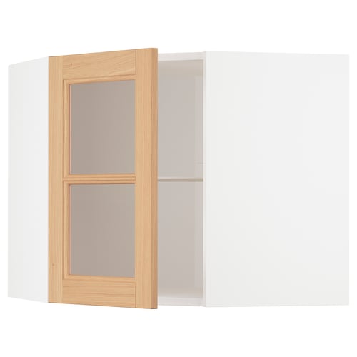 METOD خزانة حائط زاوية+أرفف/ب. زجاجي, أبيض/Vedhamn سنديان, 68x60 سم