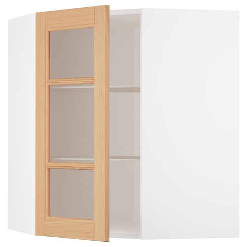 METOD خزانة حائط زاوية+أرفف/ب. زجاجي, أبيض/Vedhamn سنديان, 68x80 سم