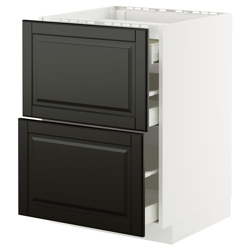 METOD / MAXIMERA خزانة قاعدة لموقد/2 واجهات/3 أدراج, أبيض/Bodbyn أسود, 60x60 سم