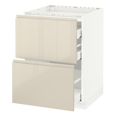 METOD / MAXIMERA خزانة قاعدة لموقد/2 واجهات/3 أدراج, أبيض/Voxtorp بيج فاتح لامع, ‎60x60 سم‏