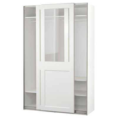 PAX / GRIMO دولاب ملابس مع أبواب سحّابة, أبيض/زجاج شفاف أبيض, 150x66x236 سم