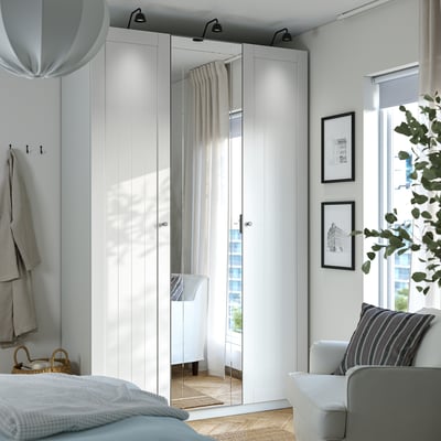 PAX / KAMMARTORP/GULLABERG تشكيلة دولاب ملابس., أبيض زجاج مرايا/رمادي أبيض, 150x60x236 سم