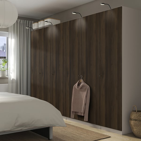 PAX / STORKLINTA تشكيلة دولاب ملابس., رمادي-بيج/بني غامق مظهر سنديان مصبوغ, ‎300x60x201 سم‏