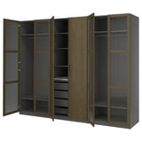 PAX / TONSTAD تشكيلة دولاب ملابس., رمادي غامق بني/قشرة سنديان مصبوغ زجاج, ‎300x60x236 سم‏