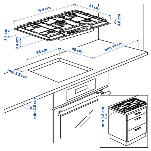 SKÅLAN رأس طبخ غازي, IKEA 500 ستينلس ستيل, 74 سم