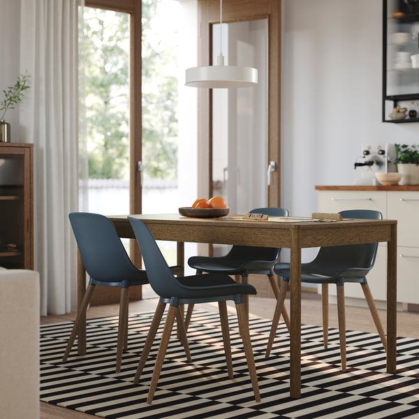 TONSTAD / GRÖNSTA طاولة و 4 كراسي, بني قشرة سنديان/رمادي- تركواز, 150x80 سم