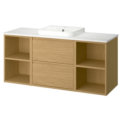 ÄNGSJÖN bathroom cabinet: oak, open/closed storage, marble top, recessed sink, oak handles.