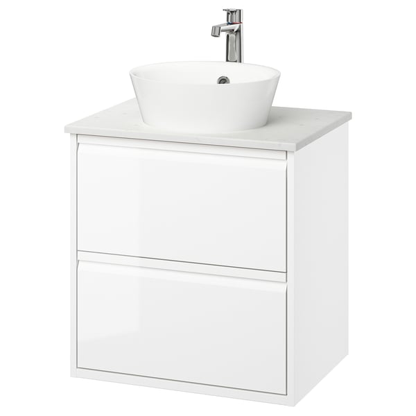 ÄNGSJÖN / KATTEVIK Wash-stnd w drawers/wash-basin/tap, high-gloss white/white marble effect, 62x49x80 cm