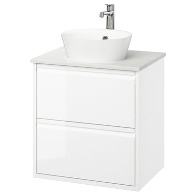 ÄNGSJÖN / KATTEVIK Wash-stnd w drawers/wash-basin/tap, high-gloss white/white marble effect, 62x49x80 cm
