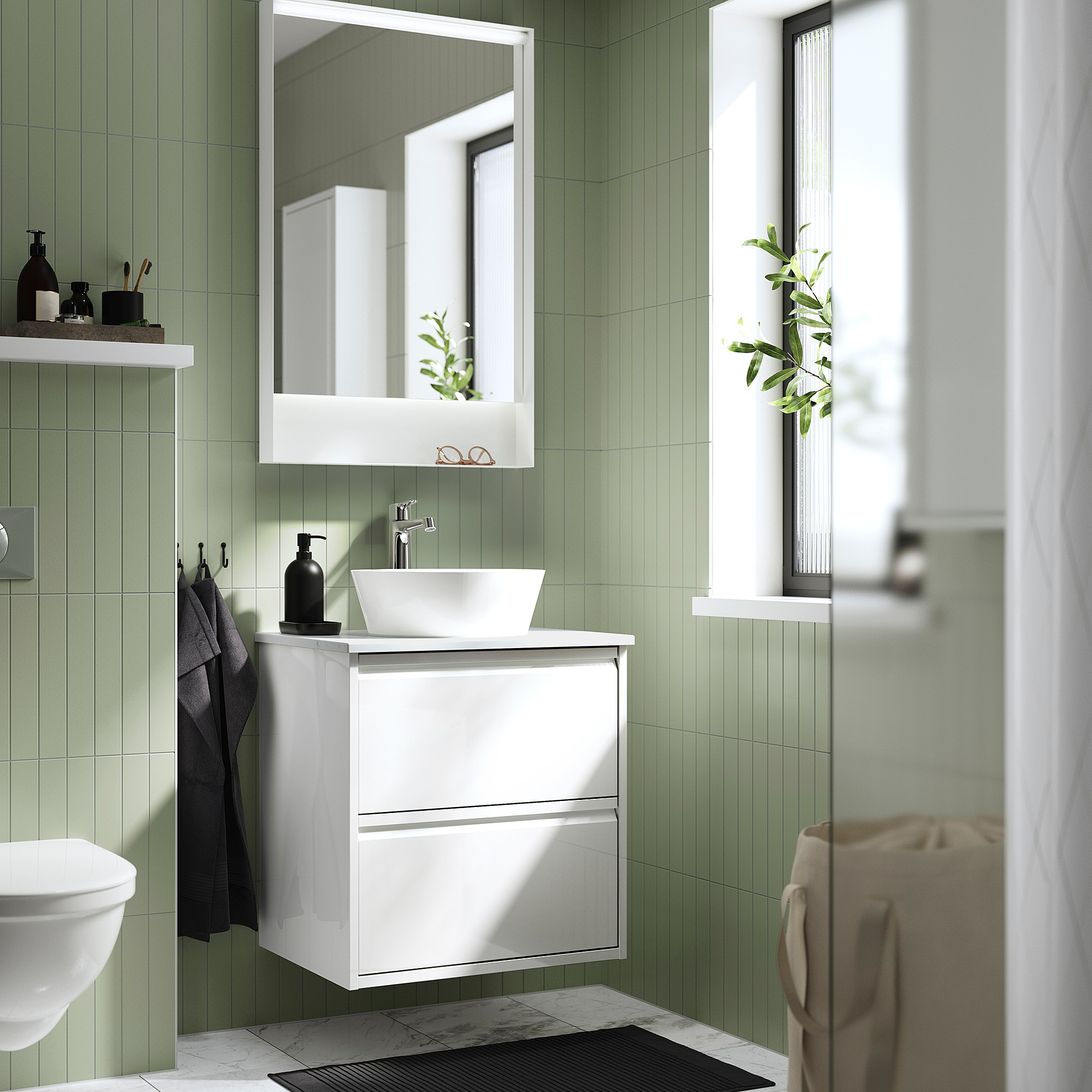 ÄNGSJÖN / KATTEVIK Wash-stnd w drawers/wash-basin/tap, high-gloss white/white marble effect, 62x49x80 cm