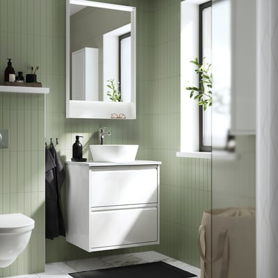ÄNGSJÖN / KATTEVIK Wash-stnd w drawers/wash-basin/tap, high-gloss white/white marble effect, 62x49x80 cm