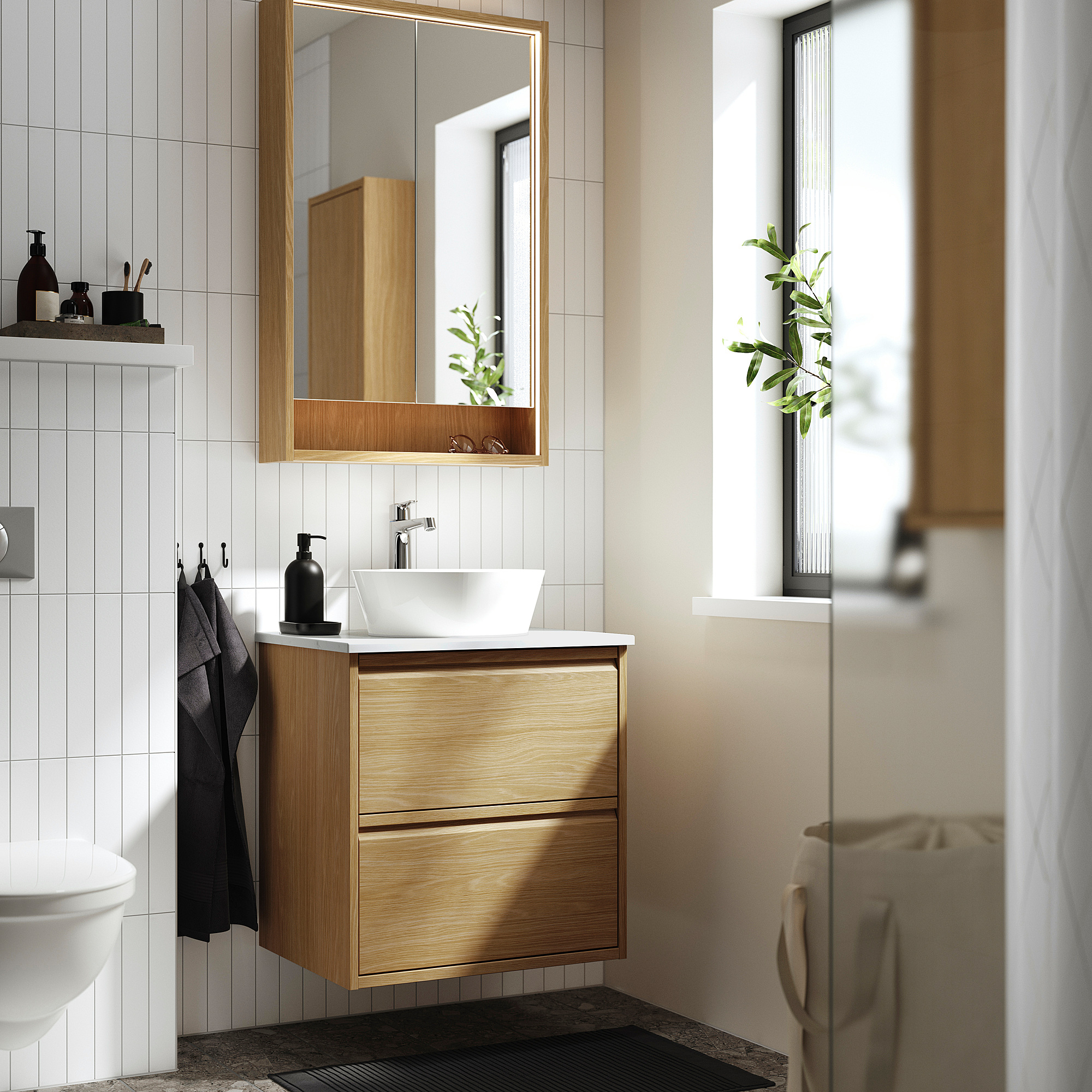 ÄNGSJÖN / KATTEVIK Wash-stnd w drawers/wash-basin/tap, oak effect/white marble effect, 62x49x80 cm