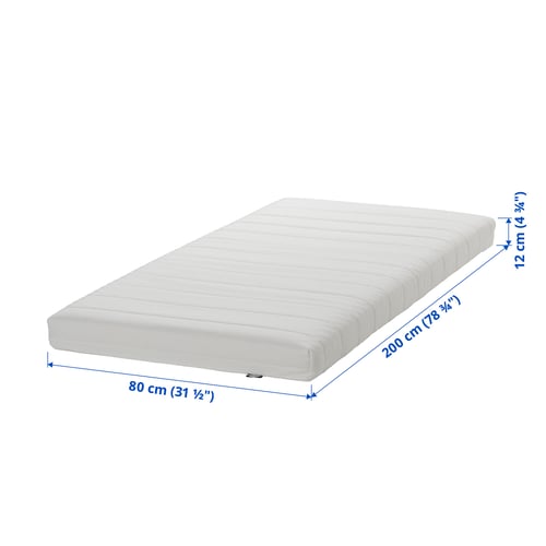 Image shows a white ÅFJÄLL foam mattress, medium-firm, rectangular with dimensions: 31 1/2 x 78 3/4 x 4 3/4.