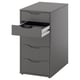 Grey three-drawer office unit, sleek design, tall and rectangular, with one drawer open, made from particleboard and acrylic paint.