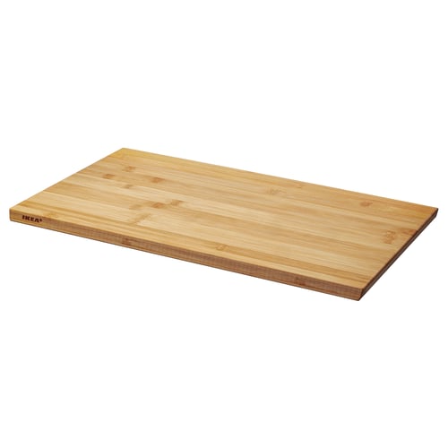 Wooden chopping board: APTITLIG, rectangular, light brown, bamboo, flat with slanted edges.