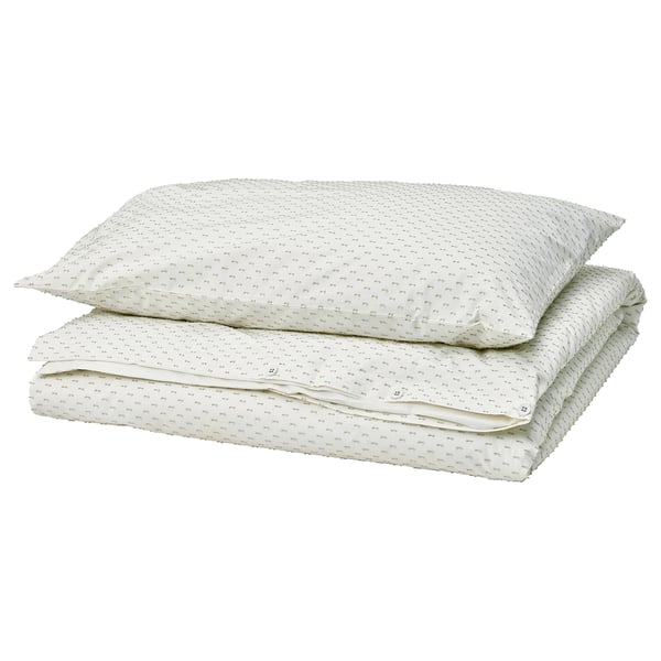 BANDKNIPPE Duvet cover and pillowcase, white/green, 150x200/50x80 cm