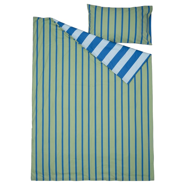 BARNDRÖM Duvet cover and pillowcase, blue green/stripe pattern, 150x200/50x80 cm