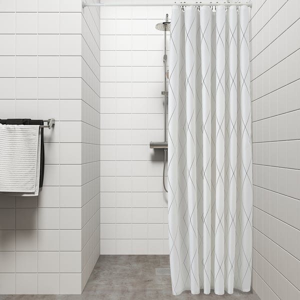 BASTSJÖN Shower curtain, white yellow/lilac, 180x200 cm
