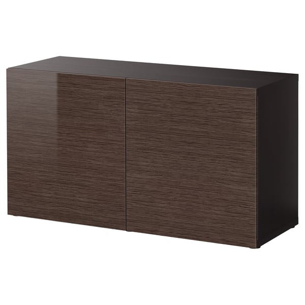 BESTÅ Shelf unit with doors, black-brown/Selsviken high-gloss/brown, 120x42x64 cm