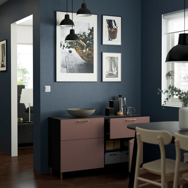 BESTÅ Storage combination w doors/drawers, black-brown/Hjortviken/Ösarp brown, 120x42x74 cm
