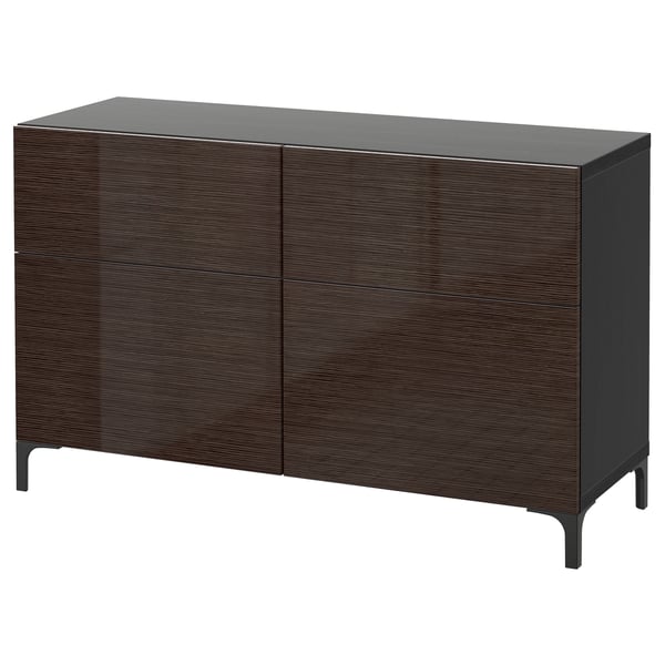 BESTÅ Storage combination w doors/drawers, black-brown/Selsviken high-gloss/brown, 120x42x74 cm