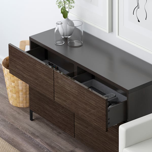 BESTÅ Storage combination w doors/drawers, black-brown/Selsviken high-gloss/brown, 120x42x74 cm